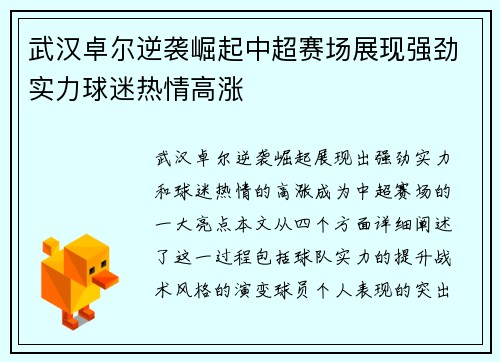 武汉卓尔逆袭崛起中超赛场展现强劲实力球迷热情高涨