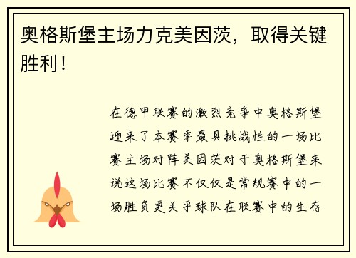 奥格斯堡主场力克美因茨，取得关键胜利！